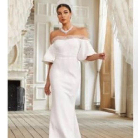 Giffniseti New Off Shoulder Contrast Mesh Mermaid Hem Wedding Dress- SIZE LARGE - Picture 5 of 13